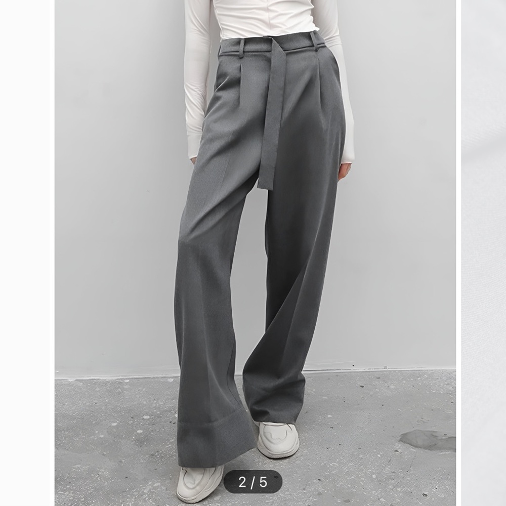 Commense Wide-Leg High-Rise Gray Trousers with Belt